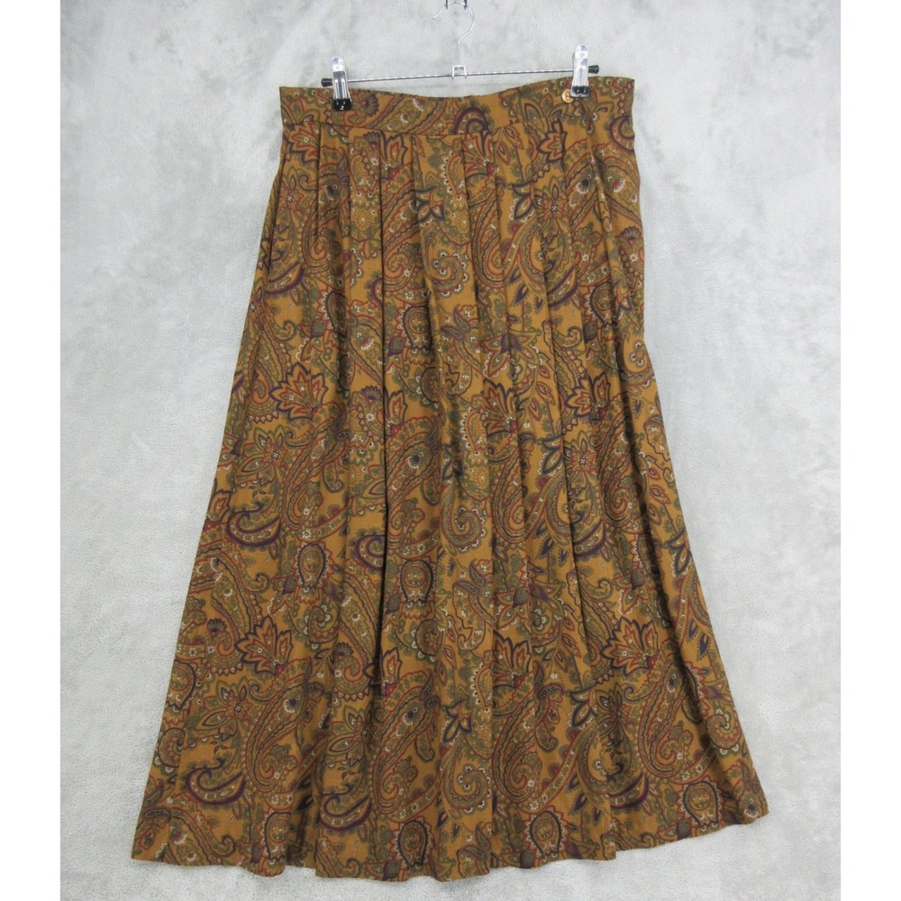 Vintage Orvis Skirt Womens Size L Brown Paisley Pleated Wool Blend Boho Modest